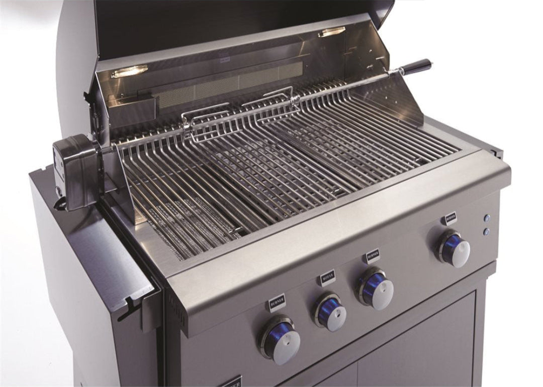 112-bsamr321 stainless steel 4-burner outdoor gas grill with rotisserie kit, warming rack, hood lights, stainless cooking grates and blue-backlit control knobs