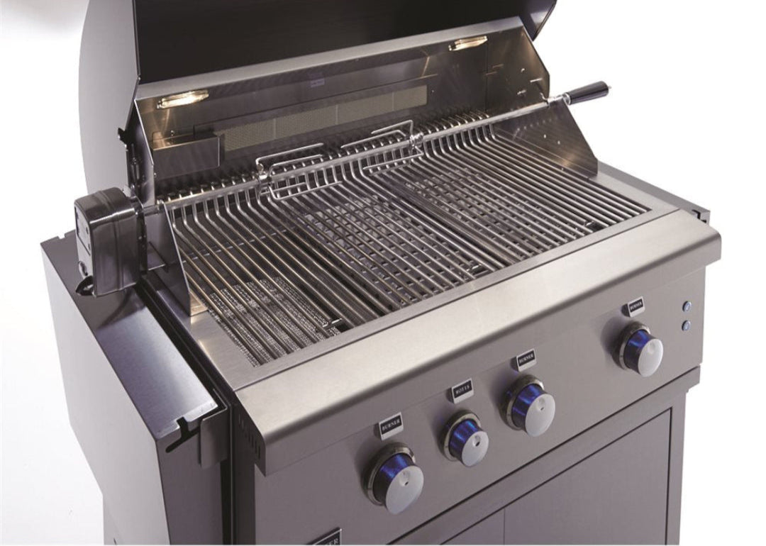 BSAMR341 4-burner stainless steel freestanding gas grill with rotisserie, stainless grates, warming rack and hood lights