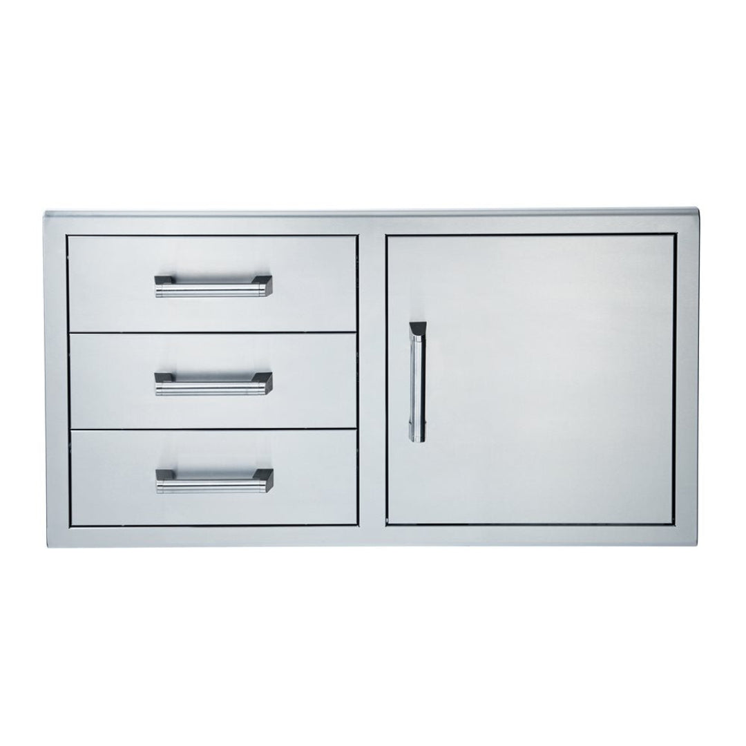Built-in stainless steel outdoor kitchen cabinet with three drawers and one access door, polished bar handles, flush-mount grill island storage