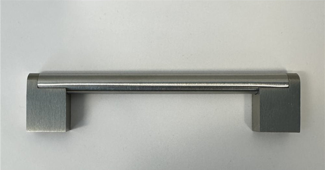 Brushed stainless steel modern bar cabinet pull with square block ends, kitchen and bathroom drawer hardware model 125-10992