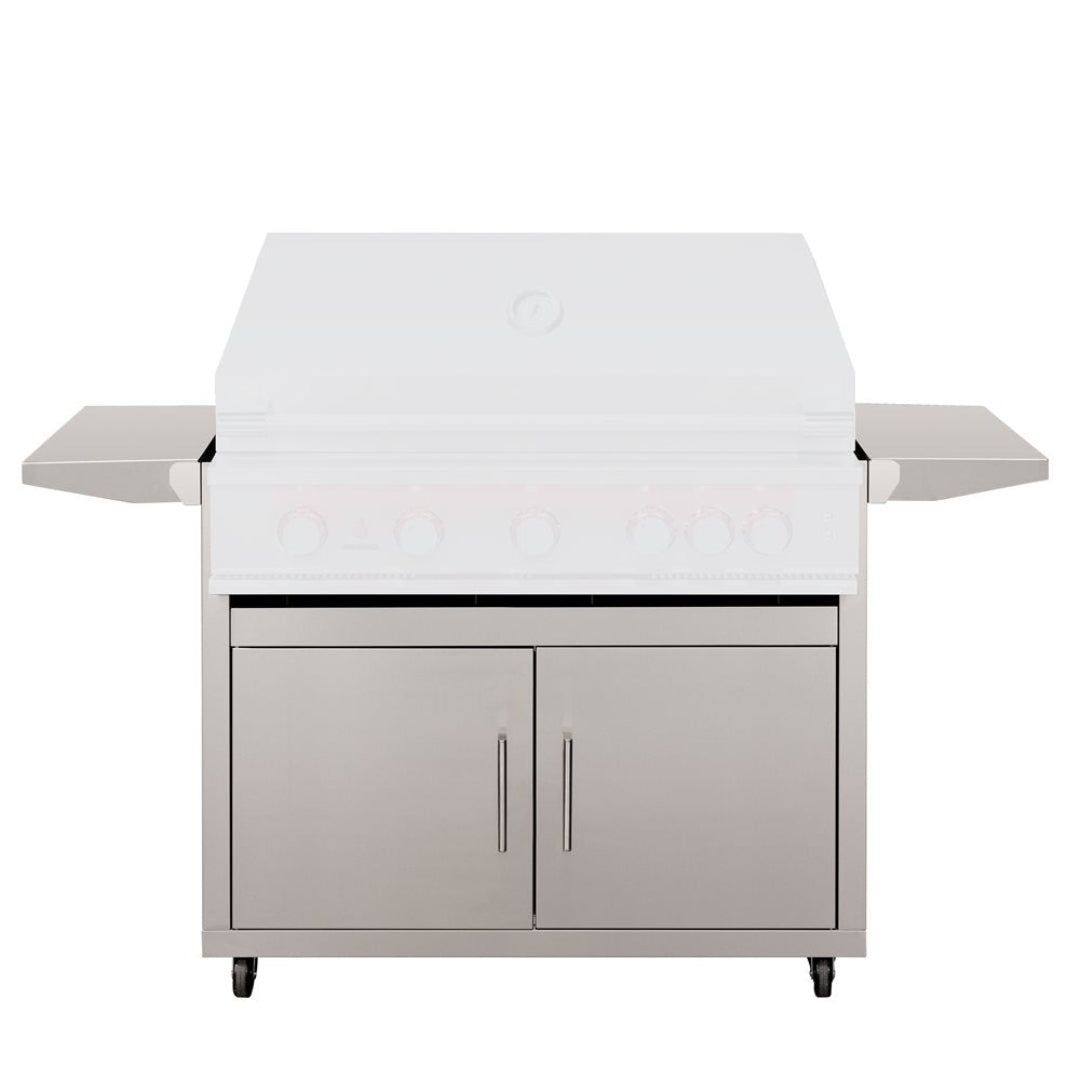 Trueflame TF-40DC 40-inch stainless steel grill cart base with double-door cabinet, side shelves and caster wheels