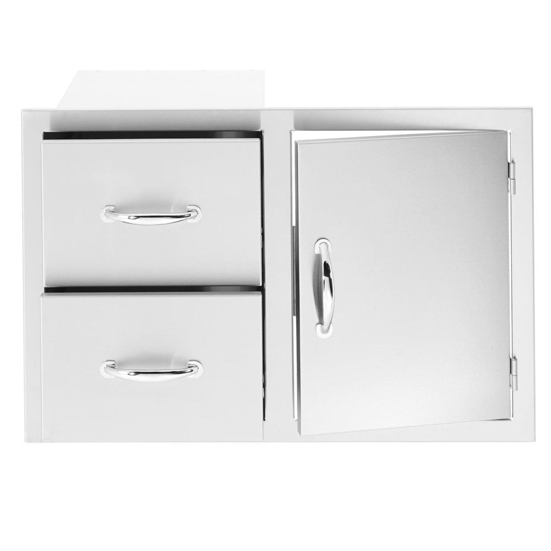 Trueflame DC2-30 30-inch stainless steel built-in outdoor kitchen double drawer and access door combo with polished chrome handles