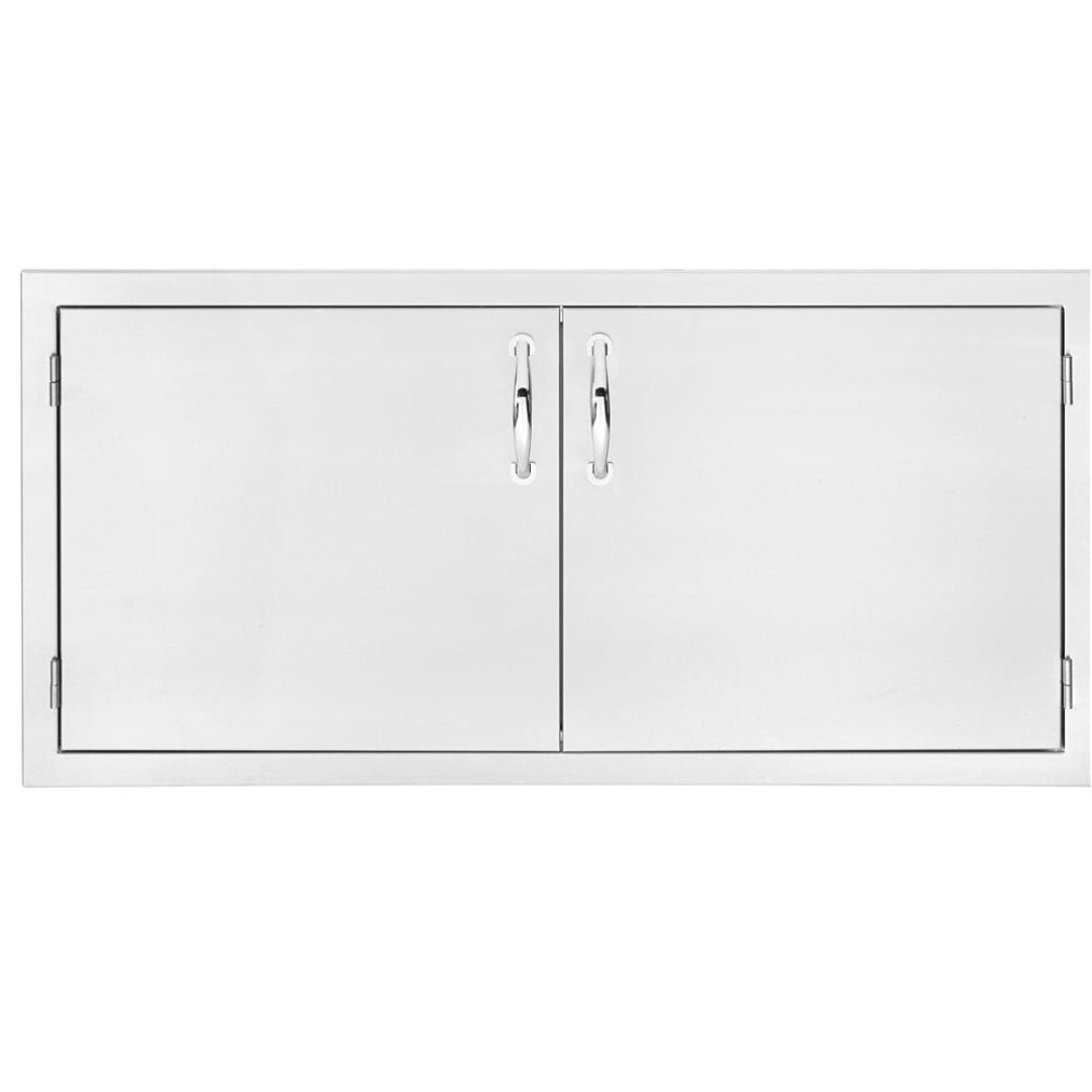 39-inch stainless steel double access door for outdoor kitchen island, dual-swing cabinet access panel with polished stainless handles and flush frame
