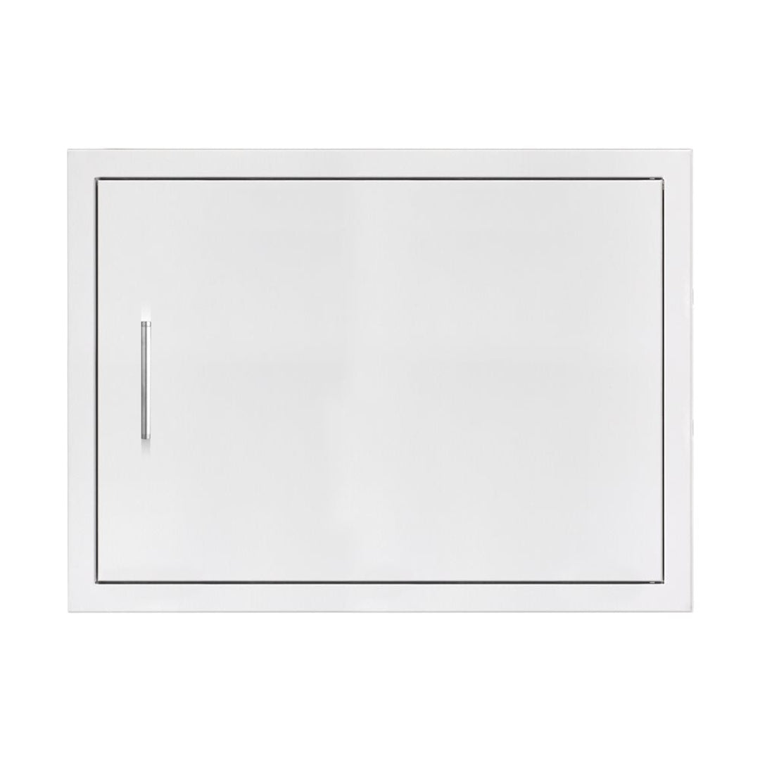 27-inch white metal outdoor kitchen access door flush-mount single door with left vertical tubular handle for built-in grill island cabinet