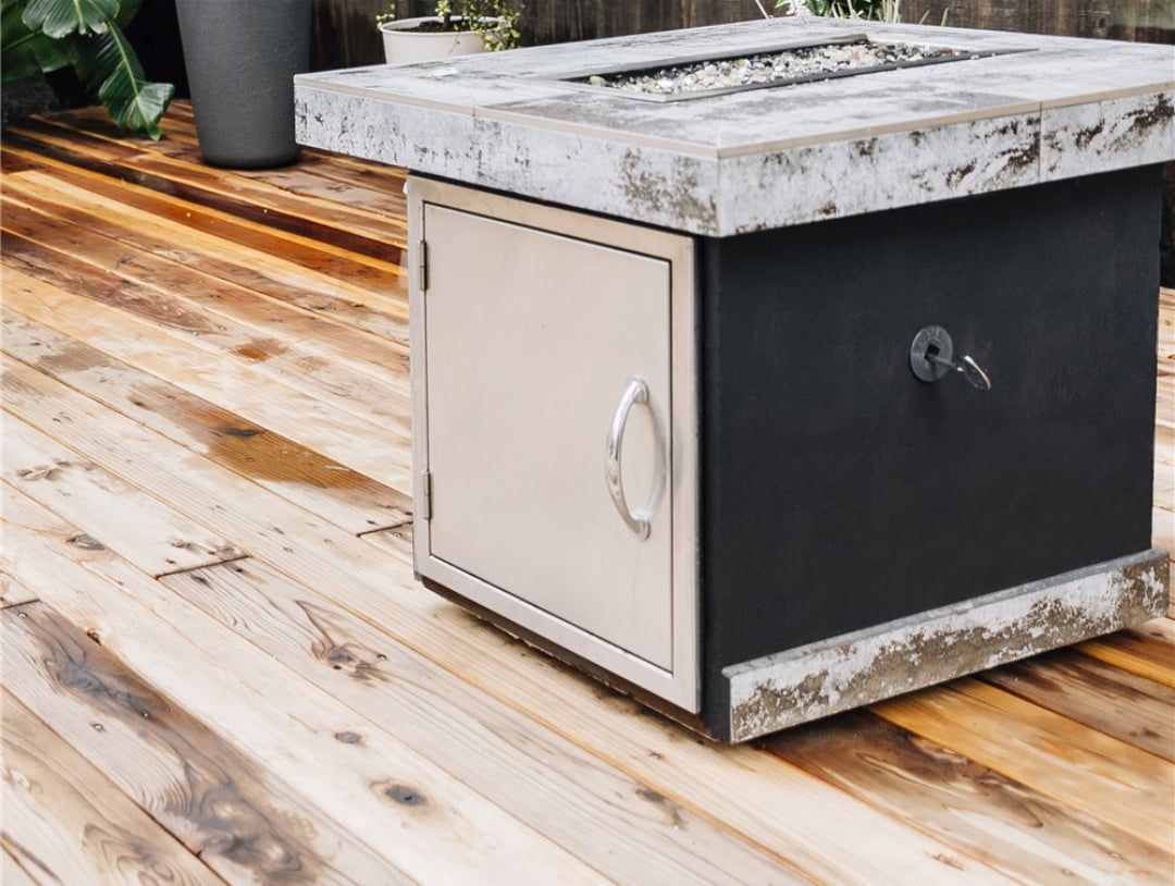 Trueflame tf-dv-18-2 outdoor propane fire pit table with concrete-look top, stainless steel storage cabinet and locking gas access