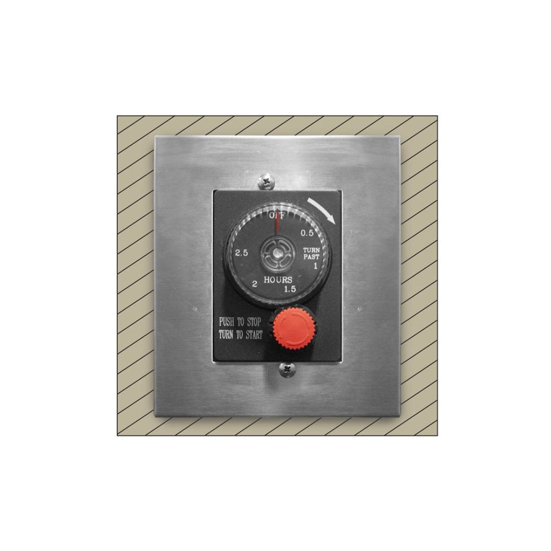 125-TF E-Stop RM kit stainless steel wall-mounted emergency stop timer with 0.5–2.5 hour mechanical dial and red push-to-stop/turn-to-start knob for gas fireplaces