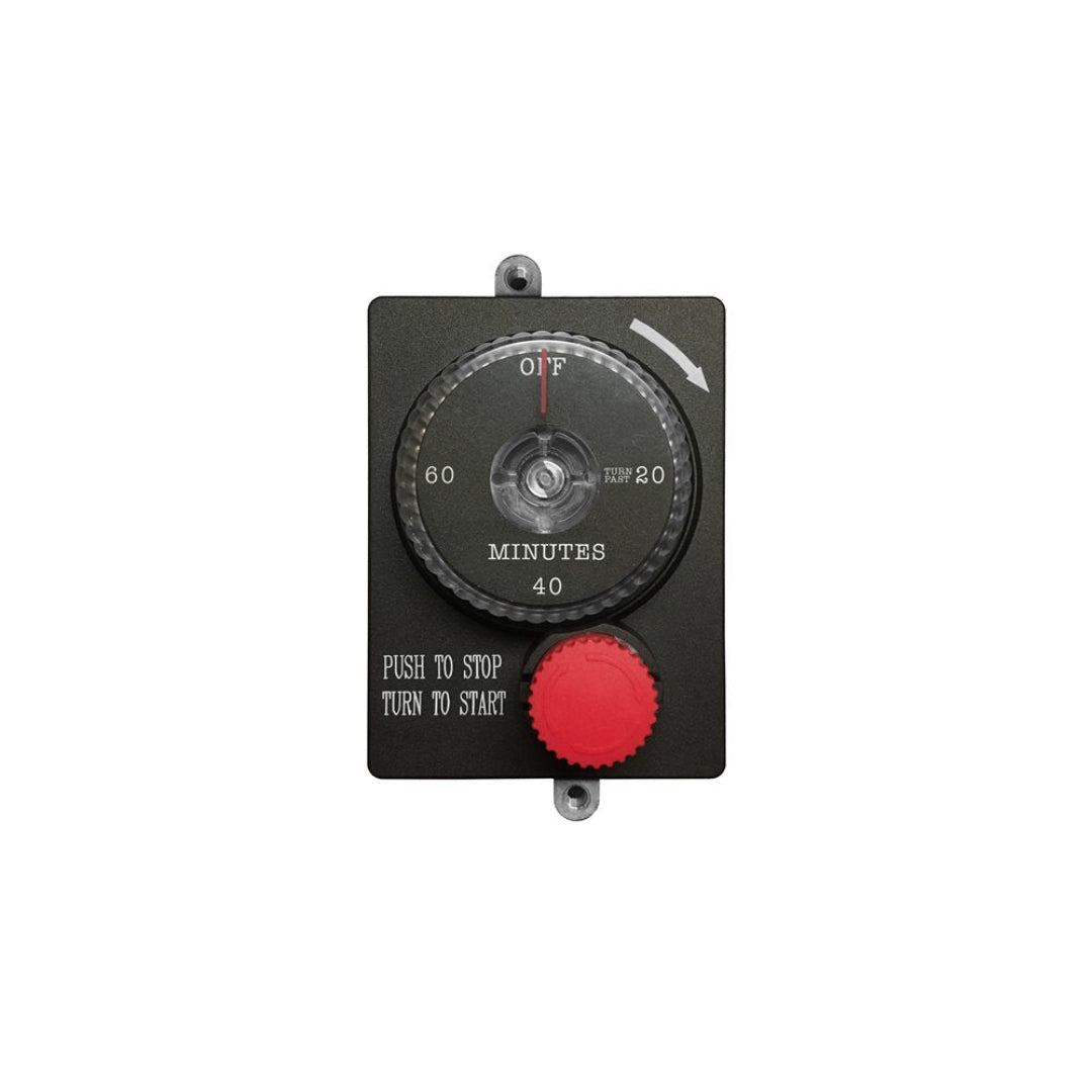 125-TF E-Stop mechanical 60-minute countdown dial timer with red push-to-stop/turn-to-start emergency knob, black wall-mount forge/furnace control