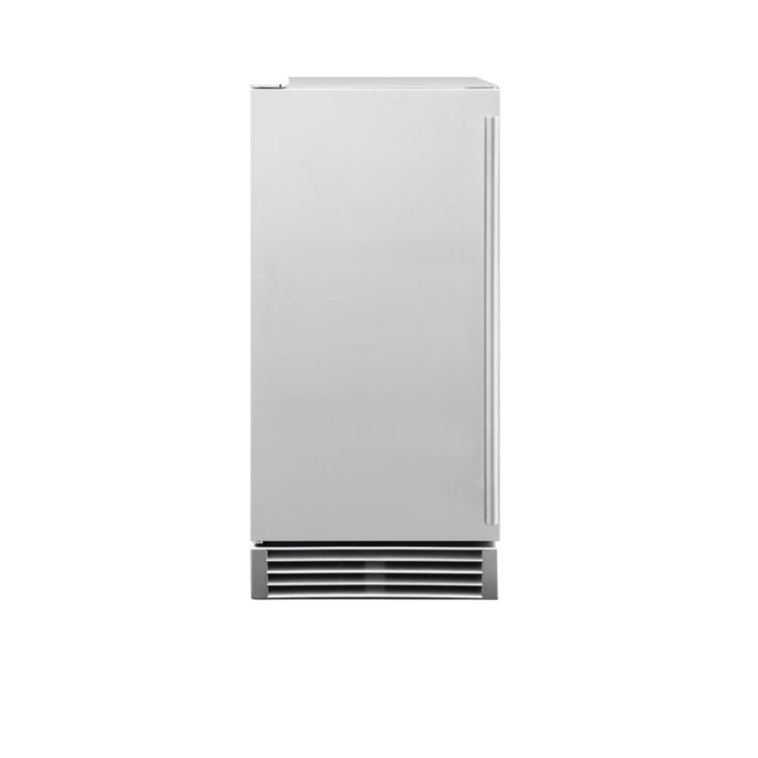 Built-in stainless steel undercounter compact beverage refrigerator, single door with vertical handle and front vent grill