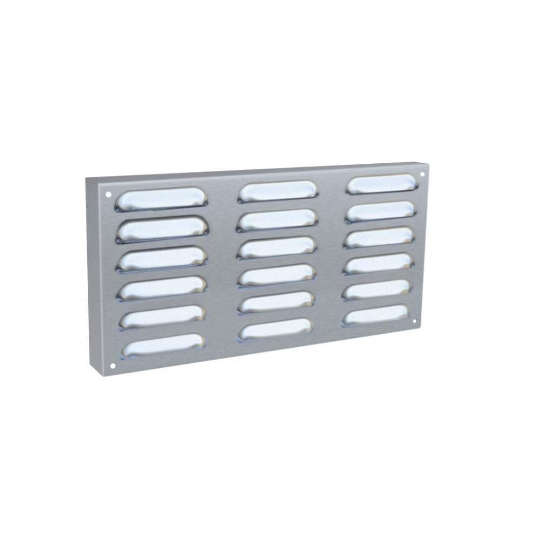 125-TF-IV-12 stainless steel louvered vent grille, rectangular fireplace/HVAC wall register with multiple recessed oval louvers and four countersunk mounting holes