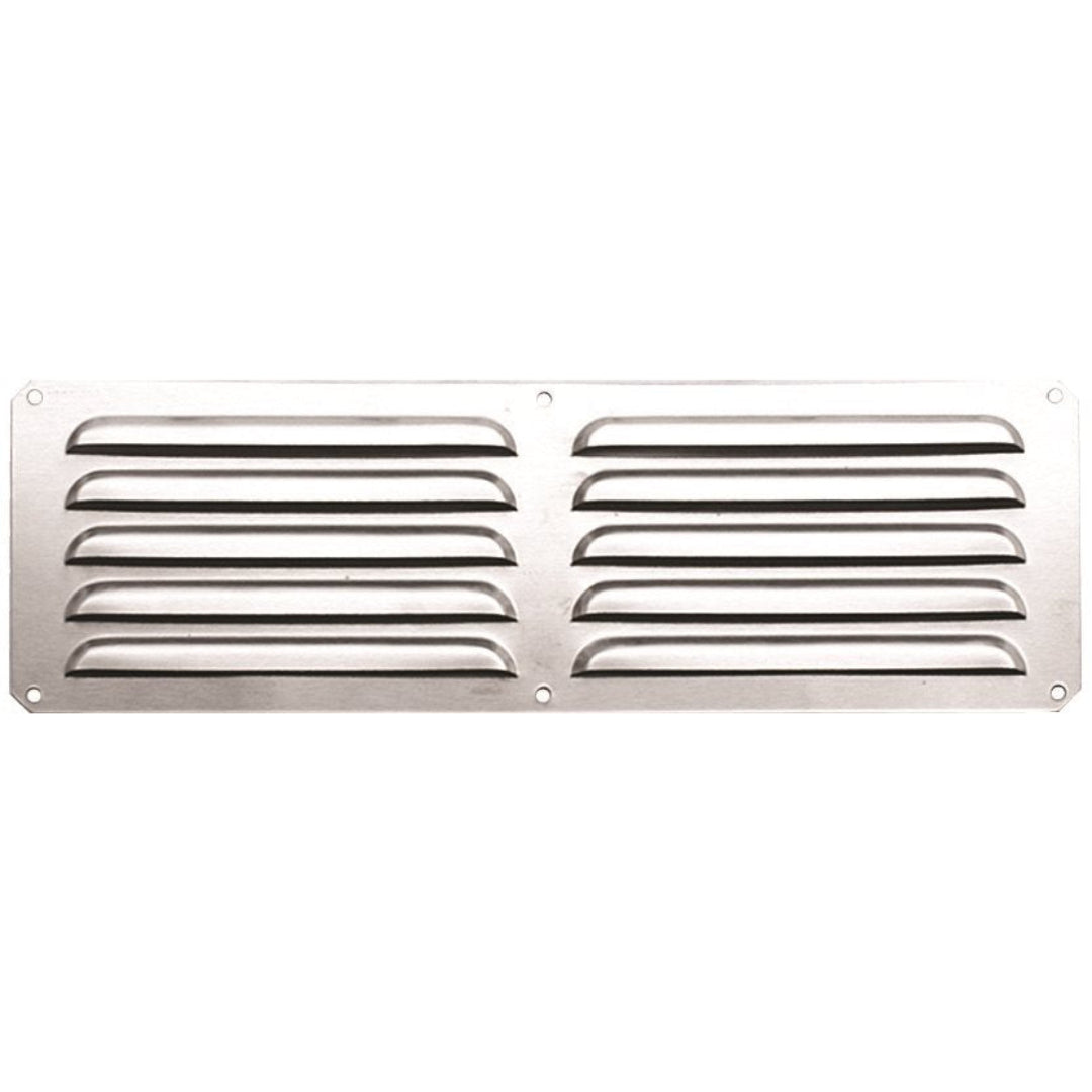 125-tf-iv-141 stainless steel rectangular louvered vent grille with horizontal slats and pre-drilled mounting holes for cabinets, RVs, boats and outdoor fire pit enclosures