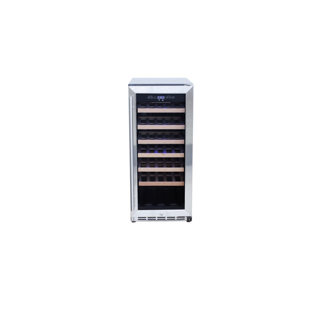 Trueflame TF-RFR-15W 15-bottle stainless steel built-in wine cooler with glass door, digital temperature control and wood slide-out shelves undercounter wine refrigerator