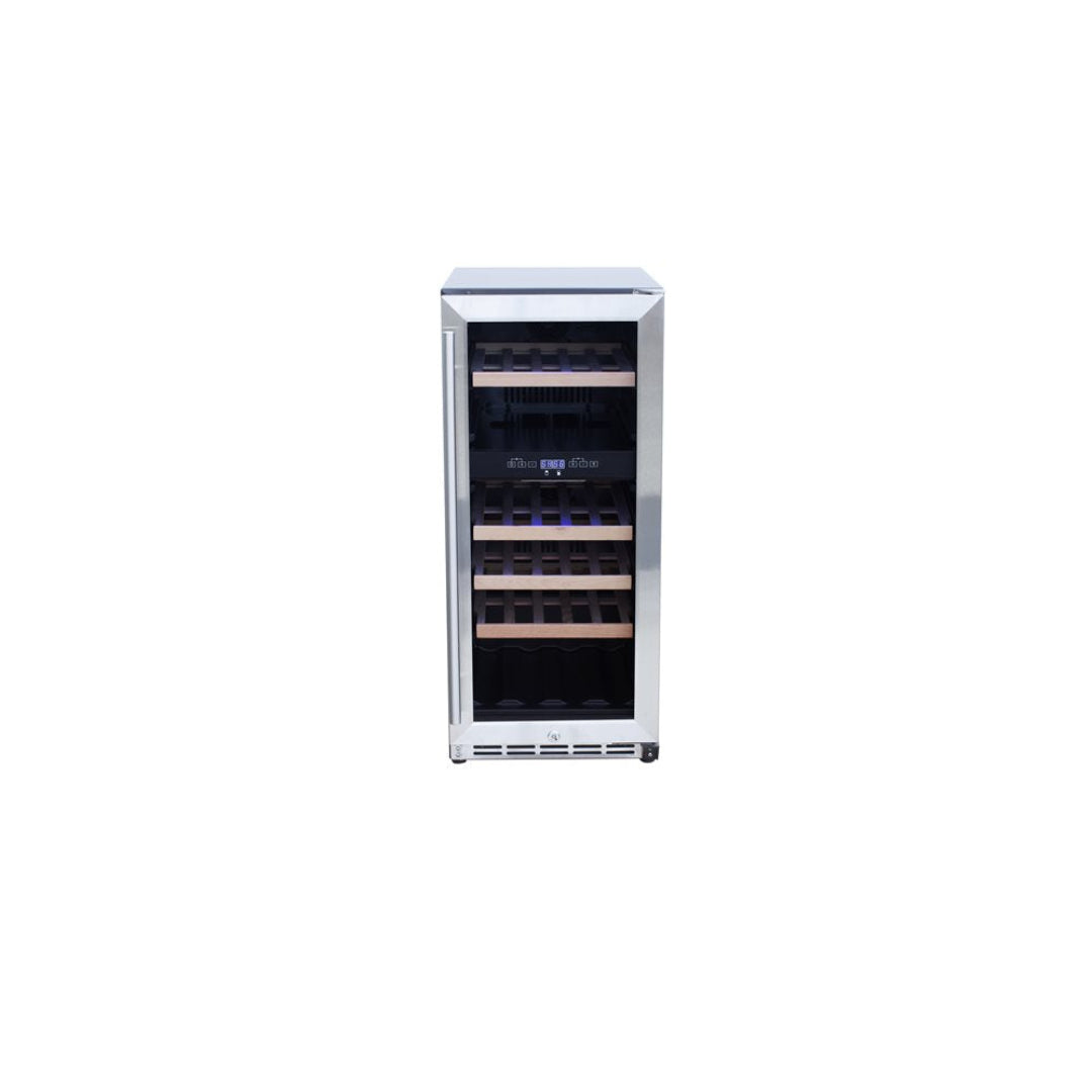 15-inch stainless steel wine cooler with glass door, wood shelves and digital thermostat, front-vented 15-bottle wine fridge