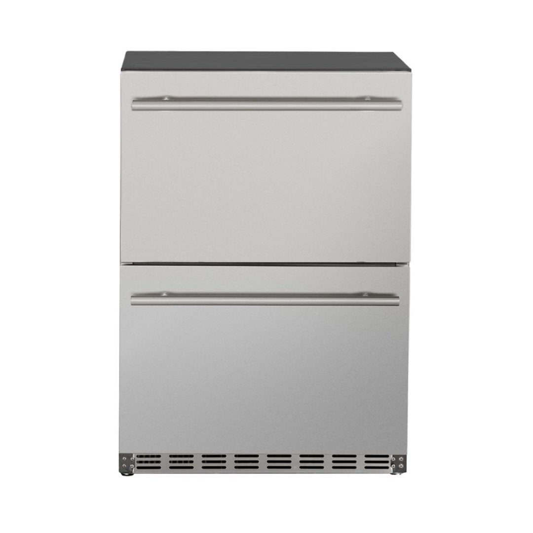 24-inch stainless steel built-in undercounter two-drawer refrigerator with horizontal bar handles and front vent for outdoor kitchen