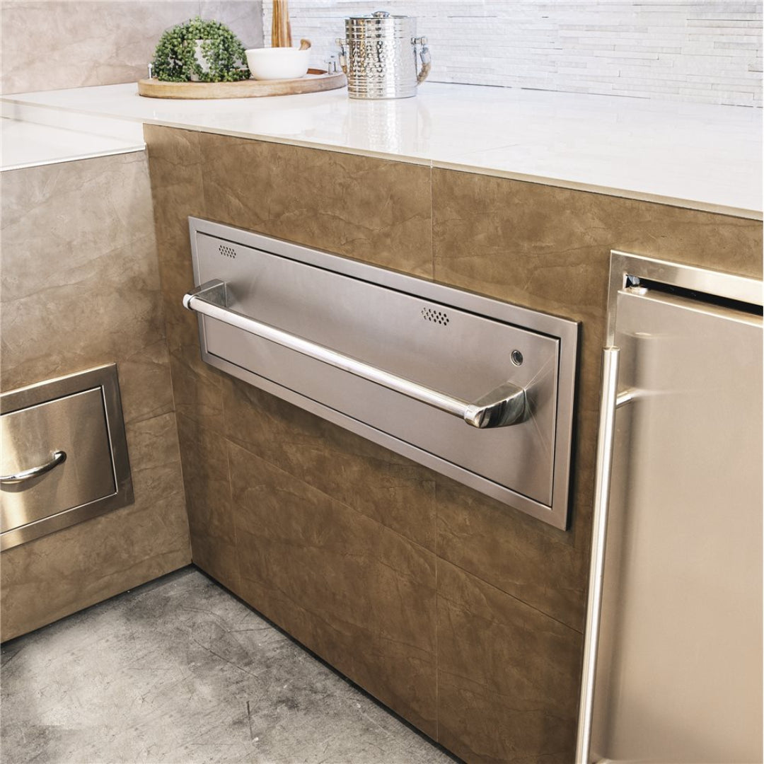 Trueflame 36-inch stainless steel built-in undercounter outdoor kitchen warming drawer with towel-bar handle
