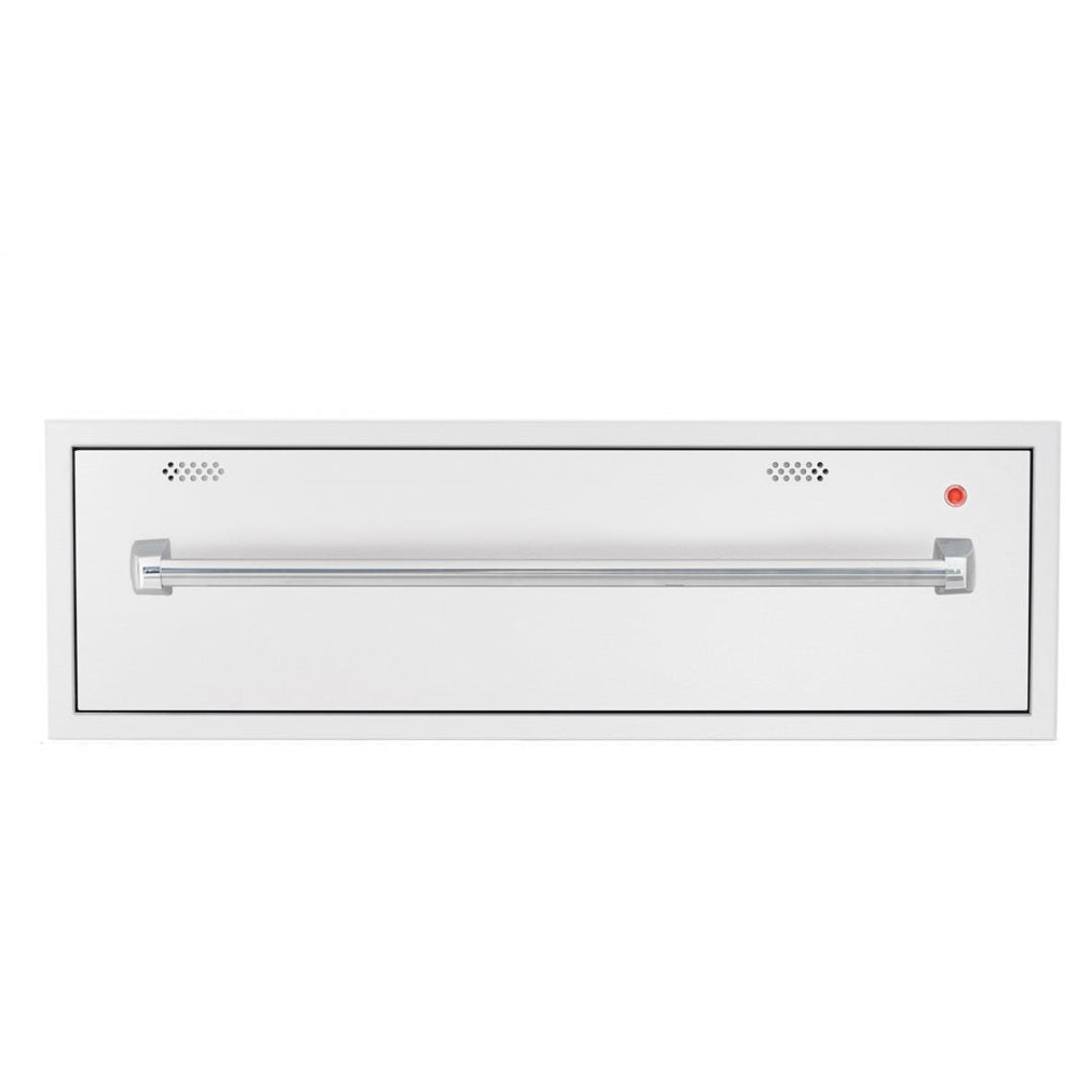 Trueflame TF-WD-361 36-inch white built-in warming drawer with stainless steel towel-bar handle, front vents and red power indicator light for outdoor kitchen