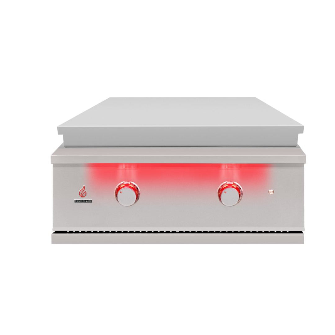 True Flame TFG30-LP 30-inch stainless steel built-in LP propane flat-top griddle with hood and dual red-illuminated control knobs for outdoor kitchen