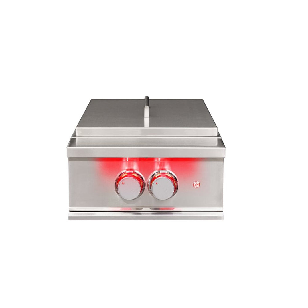 125-TFPB-LP-2 stainless steel built-in two-burner LP drop-in flat-top griddle with center lift lid and red LED illuminated control knobs for outdoor kitchen