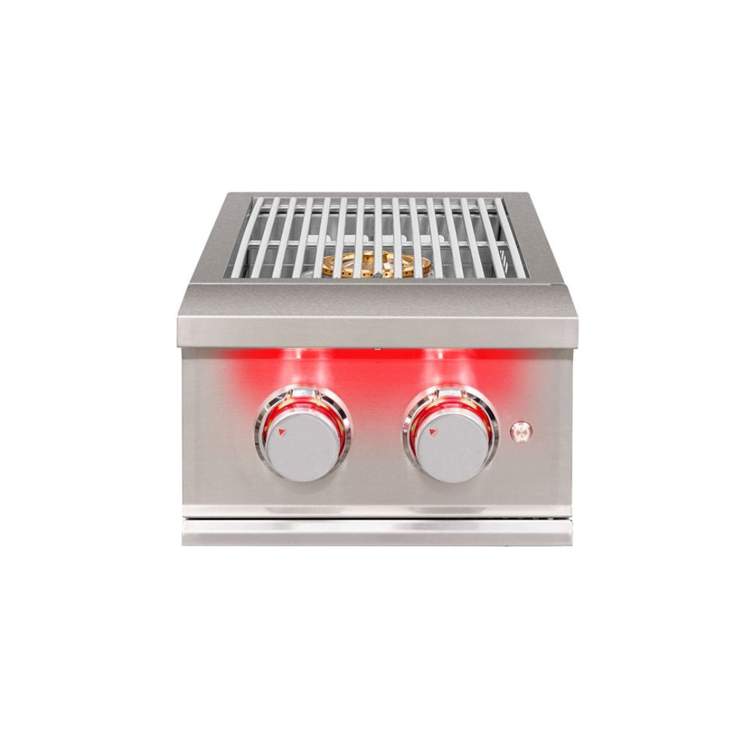Vine & Flame 125 TFSB2‑LP stainless steel built‑in outdoor gas side burner with brass burner, removable grill grate and LED‑illuminated dual control knobs for LP outdoor kitchens
