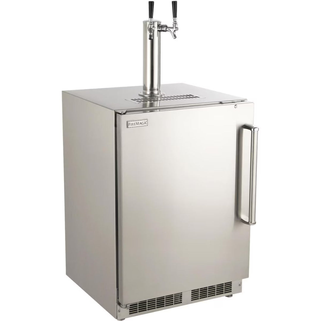 FireMagic stainless steel single-door built-in kegerator with dual-tap tower and front vent — undercounter outdoor kitchen draft beer dispenser