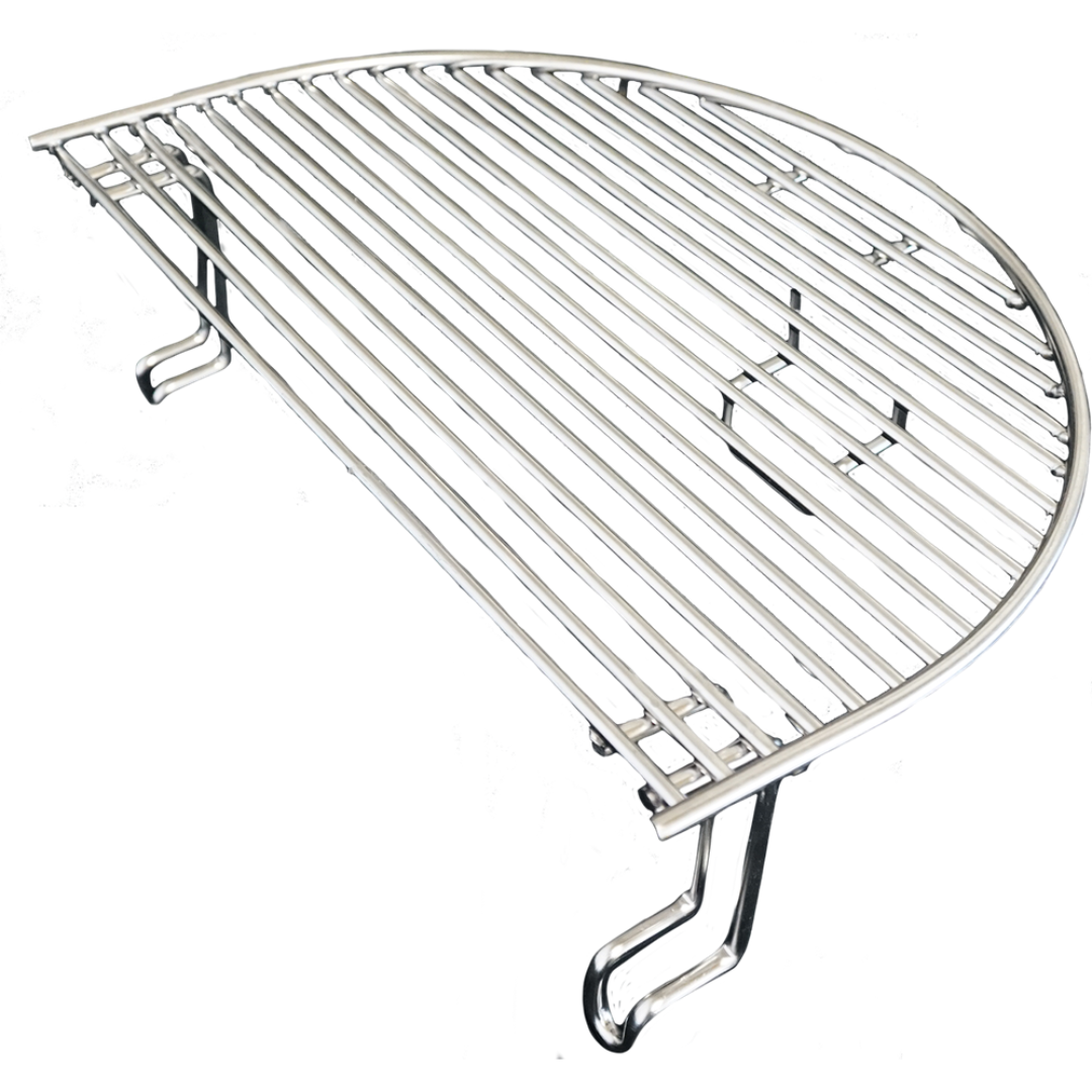 PG003121 stainless steel half-moon warming rack with folding legs, replacement upper grill rack for kettle-style charcoal grills, chrome-plated BBQ warming shelf