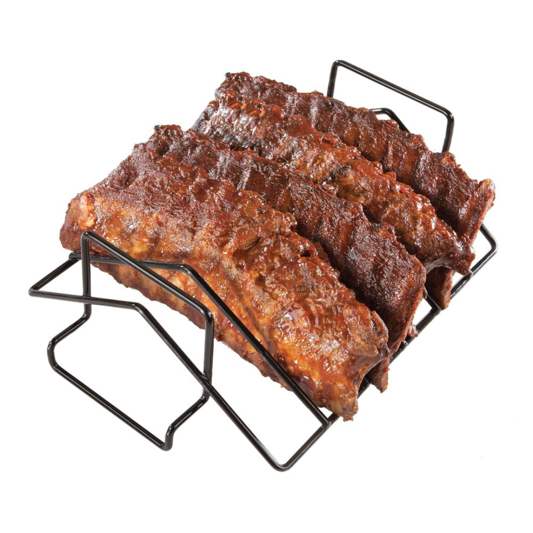 Primo 3-slot black coated steel rib rack for grill and smoker holding three barbecue pork rib slabs