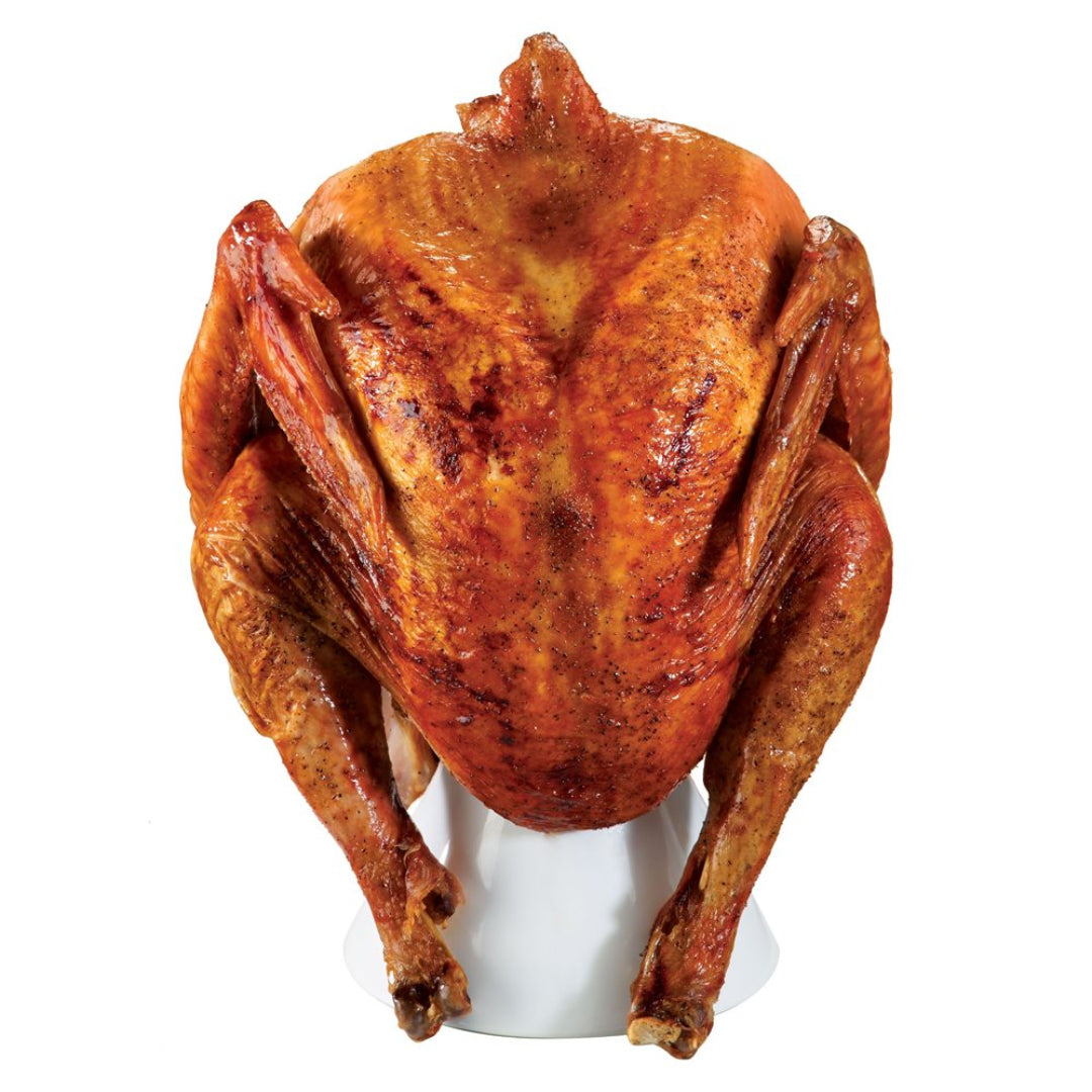 Whole roasted chicken on white porcelain vertical chicken roaster cone (beer-can chicken stand) for grilling and smoking, crispy seasoned golden-brown skin