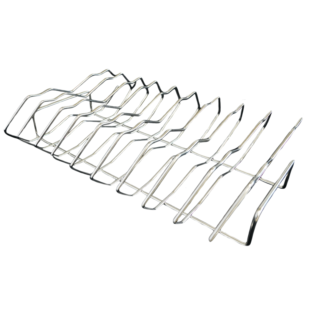 Stainless steel multi-slot rib rack for vertical smoking and grilling, heavy-duty rib holder for smoker, pellet grill or oven that holds multiple pork or beef rib racks