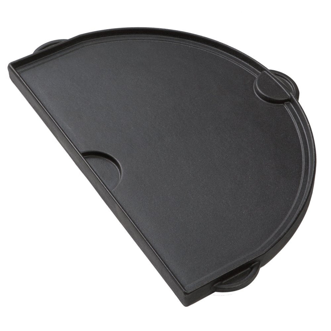 Black half‑moon grill griddle plate with raised rim and mounting tabs — semicircular replacement griddle for kamado, ceramic, gas and charcoal grills