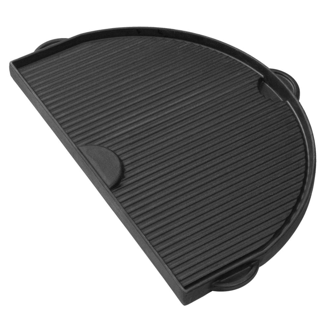 Cast iron half-moon ribbed griddle plate 163-PG003621 - reversible seasoned half-circle grill insert for pellet smoker, kamado, kettle and gas grills