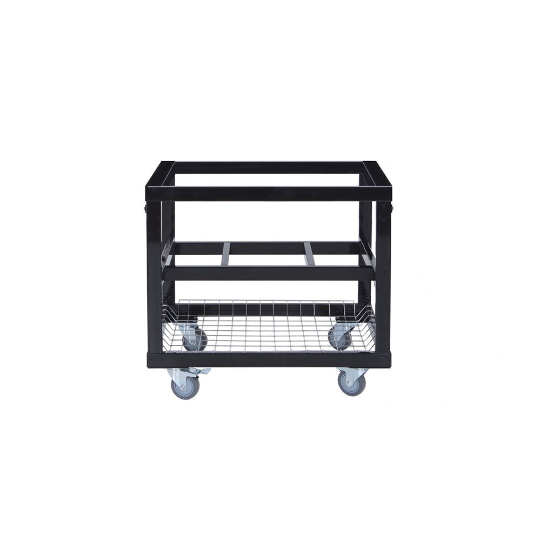A black Primo cart base with basket on locking caster wheels, designed for Oval LG 300 & XL 400 grills.