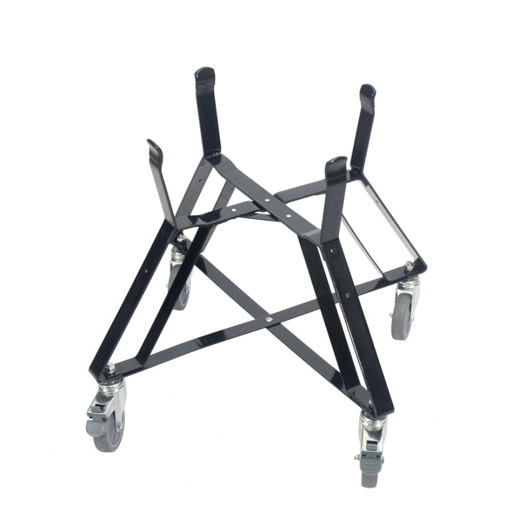 Heavy-duty black metal planter dolly with four upturned supports and locking swivel casters, wheeled plant caddy for large patio and indoor pots