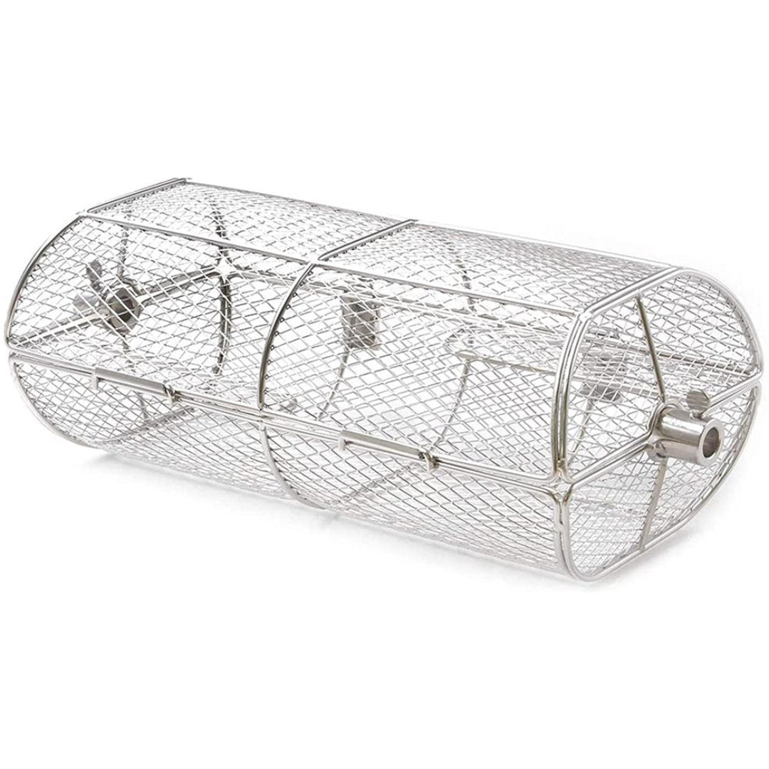 Stainless steel rotisserie mesh drum basket for grill spit — rotating BBQ basket for vegetables, potatoes, nuts and small seafood