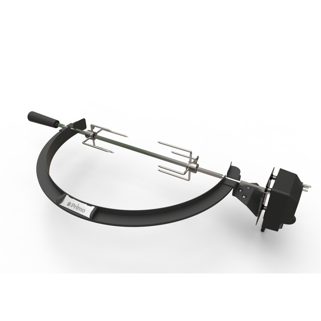 Primo kamado rotisserie kit with electric motor, stainless steel spit rod and dual-prong forks on black cast-iron rotisserie ring for ceramic kamado grills