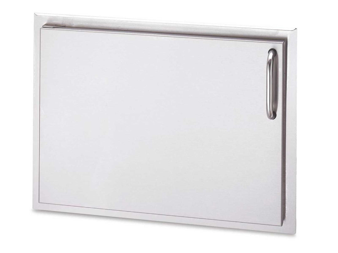 A 24-inch left-hinged single access door from American Outdoor Grill, made of 304 stainless steel with a tubular handle, designed for outdoor kitchen use.