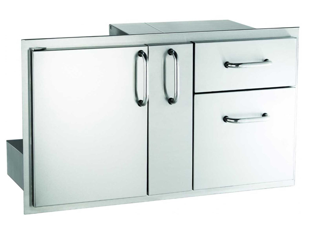 An 18-Inch x 36-Inch outdoor grill double door and drawer combo made of stainless steel, featuring a seamless, flush-mount design with ergonomic handles and a weather-resistant finish.