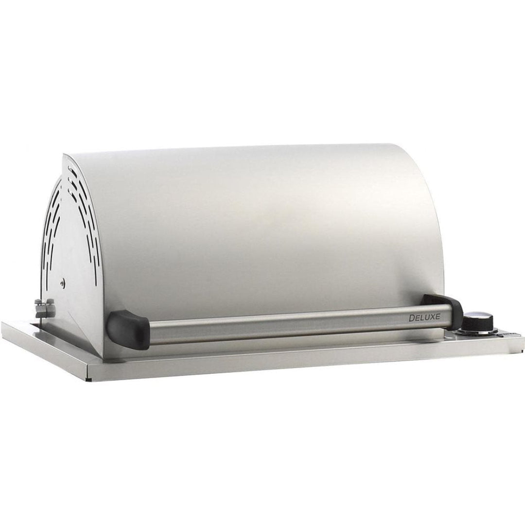 Stainless steel drop-in roll-top grill cover with DELUXE handle and control knob for built-in outdoor kitchen island