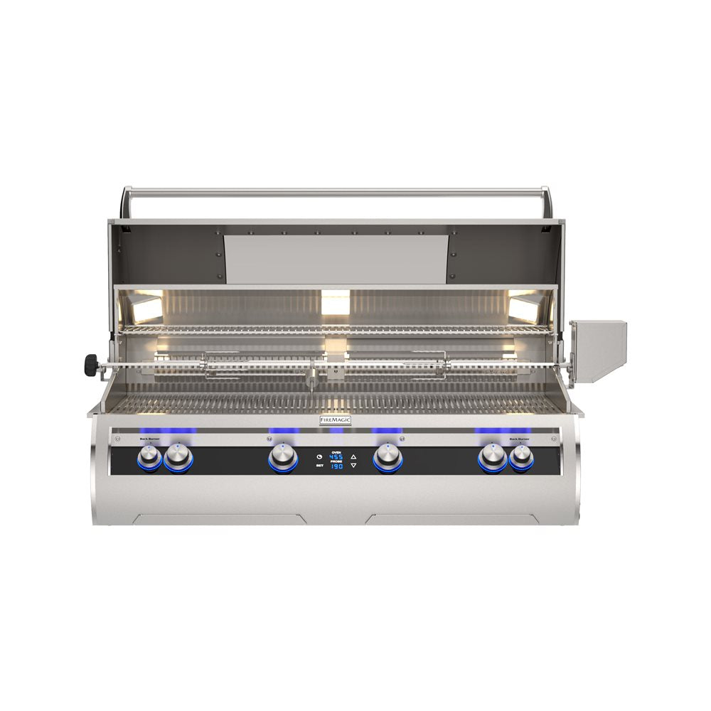 Fire Magic E1060i built-in stainless steel gas grill with rotisserie, upper warming rack, interior LED lights and digital temperature display