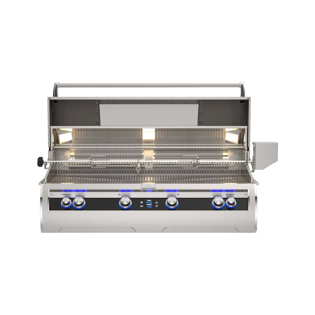 Fire Magic E1060i built-in stainless steel gas grill with rotisserie spit, interior lights, dual-level warming rack, LED illuminated control knobs and heavy-duty stainless grates for outdoor kitchens
