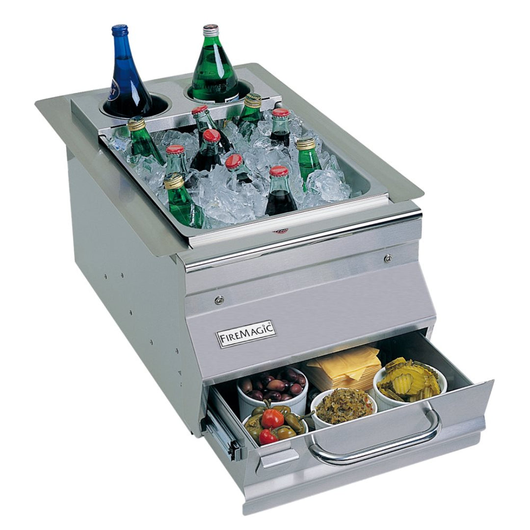 FireMagic stainless steel built-in outdoor kitchen 1-drawer ice chest beverage center with top ice well, dual bottle holders and pull-out condiment drawer for garnishes