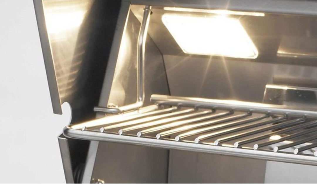 Replacement stainless steel upper warming rack shelf with interior light for gas grill Vine and Flame replacement grill part