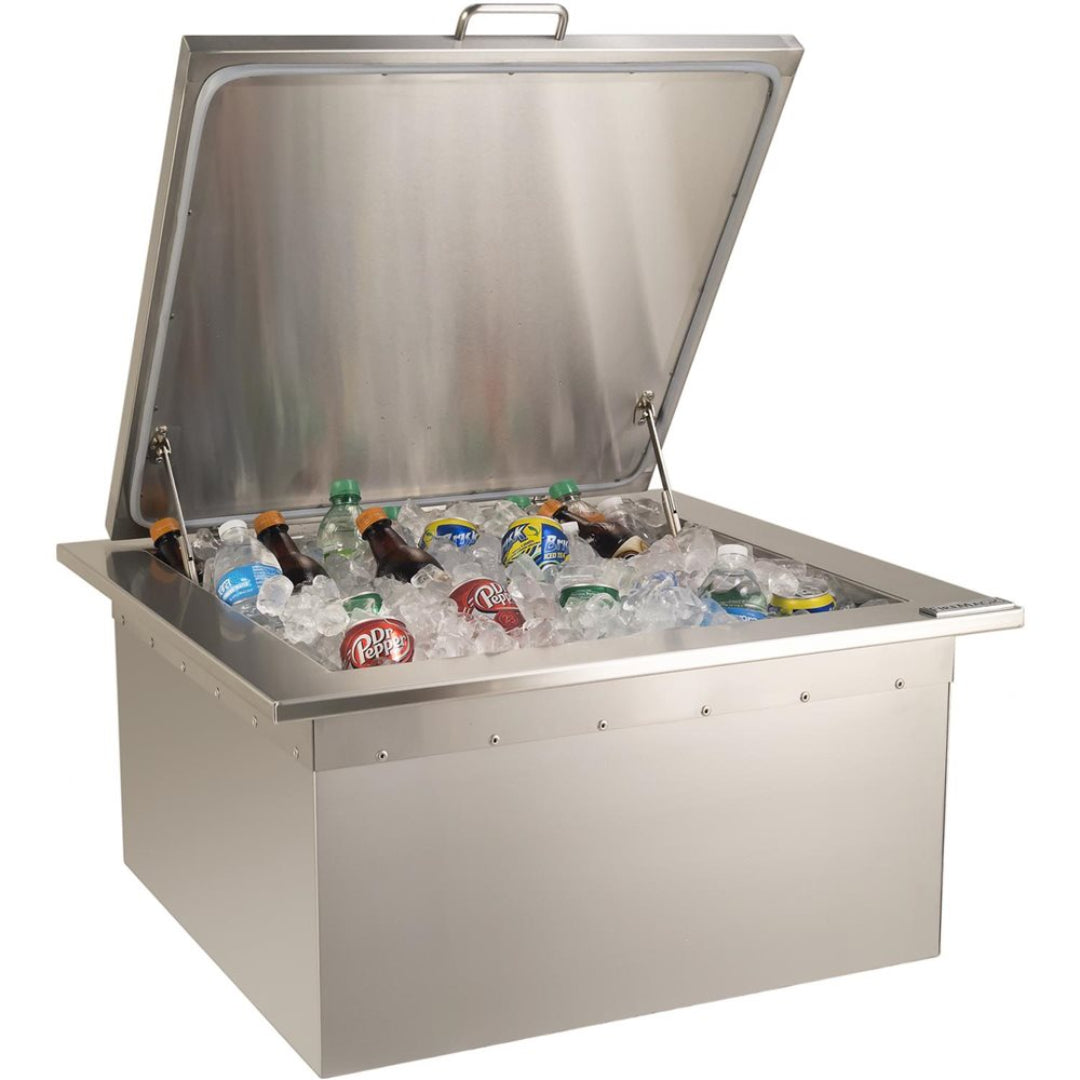 Stainless steel built-in outdoor ice chest with hinged lid and gas struts, insulated drop-in beverage cooler ice bin for outdoor kitchen filled with ice and bottled drinks