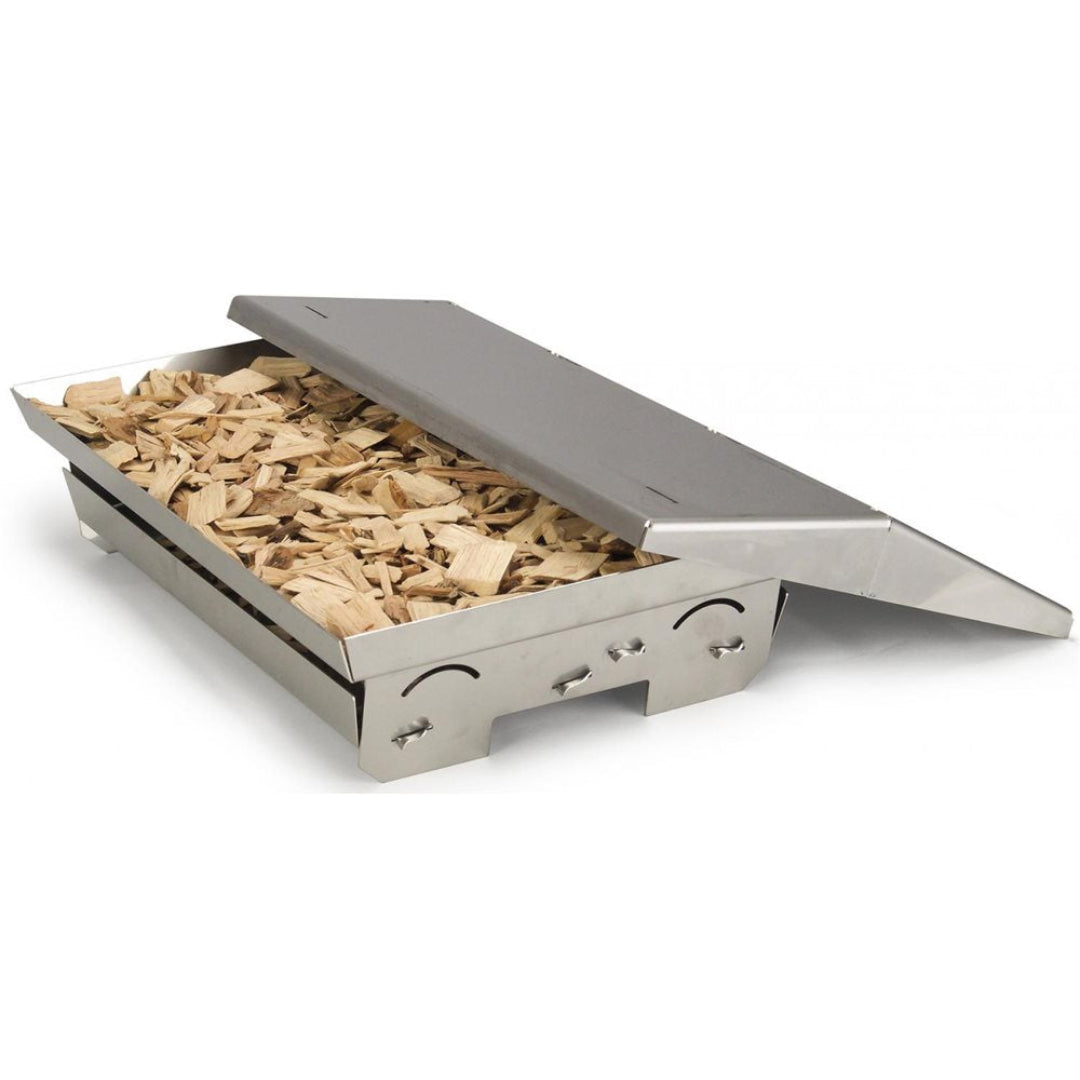 Stainless steel rectangular wood chip smoker box with hinged vented lid filled with wood chips for gas and charcoal grills