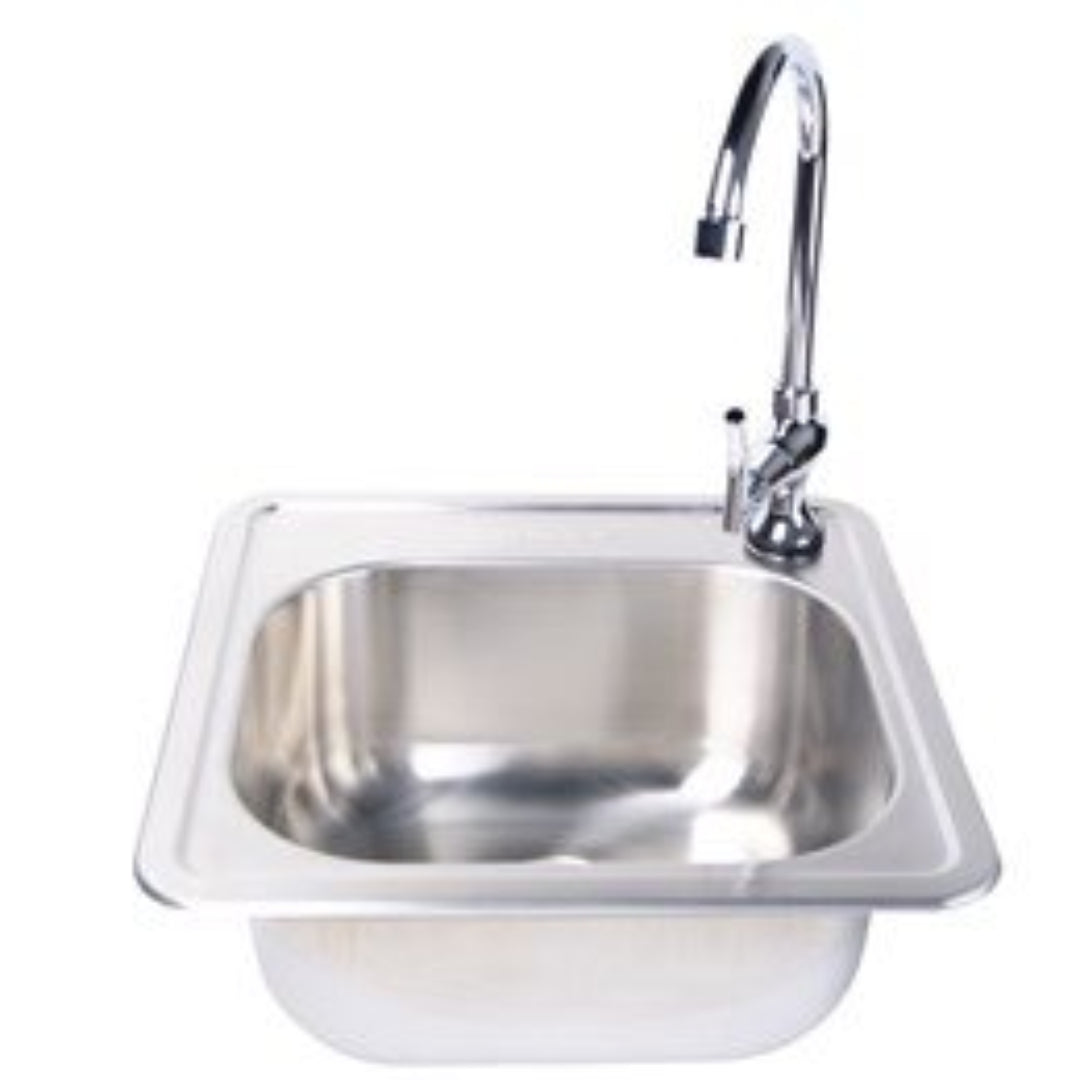 192-3588 stainless steel drop-in single-bowl kitchen sink with chrome high-arc gooseneck deck-mounted faucet, compact prep/bar sink, Vine and Flame