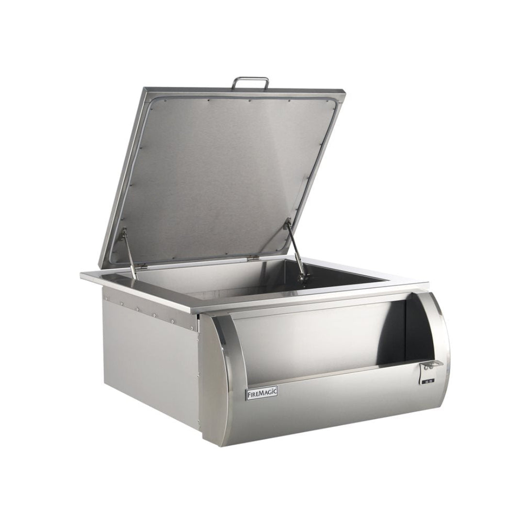 FireMagic stainless steel drop-in ice chest cooler with hinged lift-top, recessed handle and removable inner bin for outdoor kitchen islands