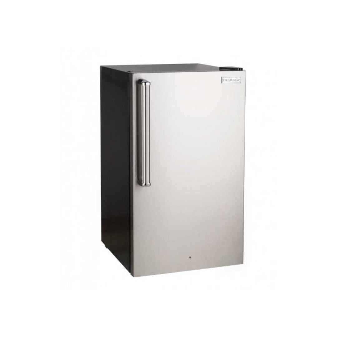 A compact stainless steel refrigerator with a right-hinged door, designed for outdoor use, featuring a digital temperature control and visible brand logo.