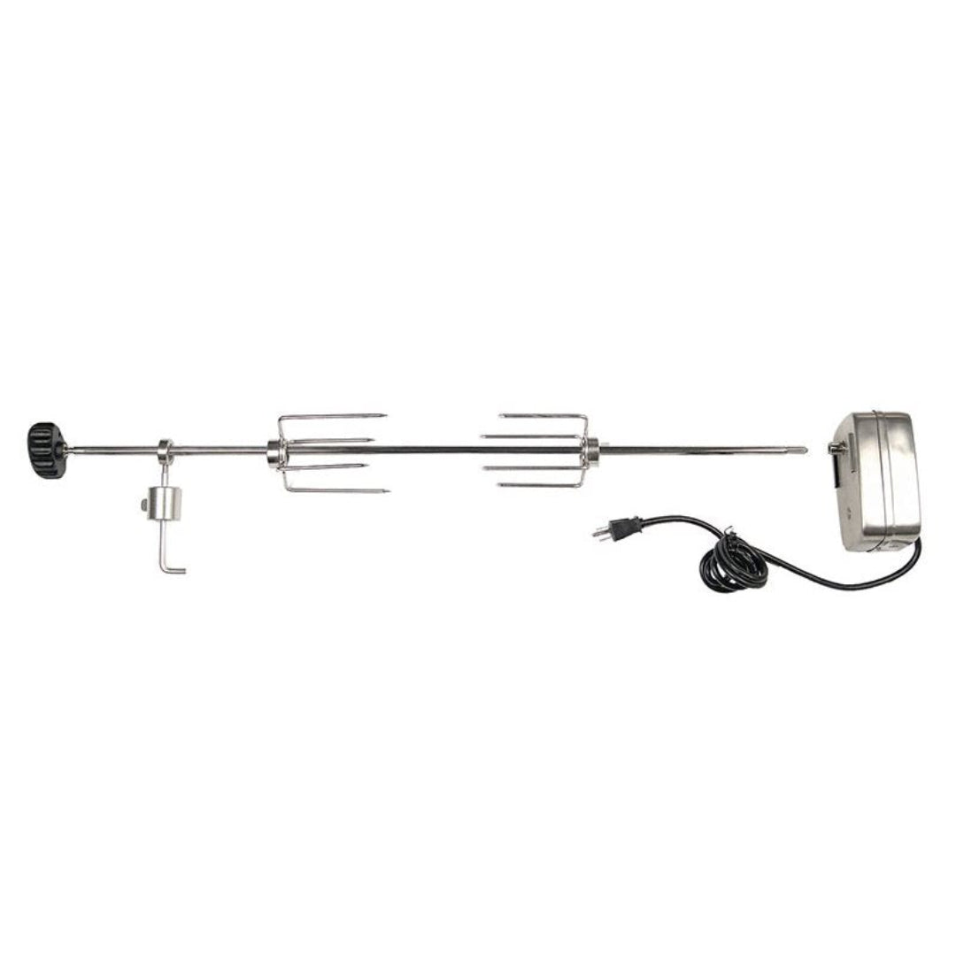 Stainless steel rotisserie spit rod kit with adjustable double 4-prong forks, universal clamp and plug-in electric motor — replacement rotisserie for gas and charcoal grills