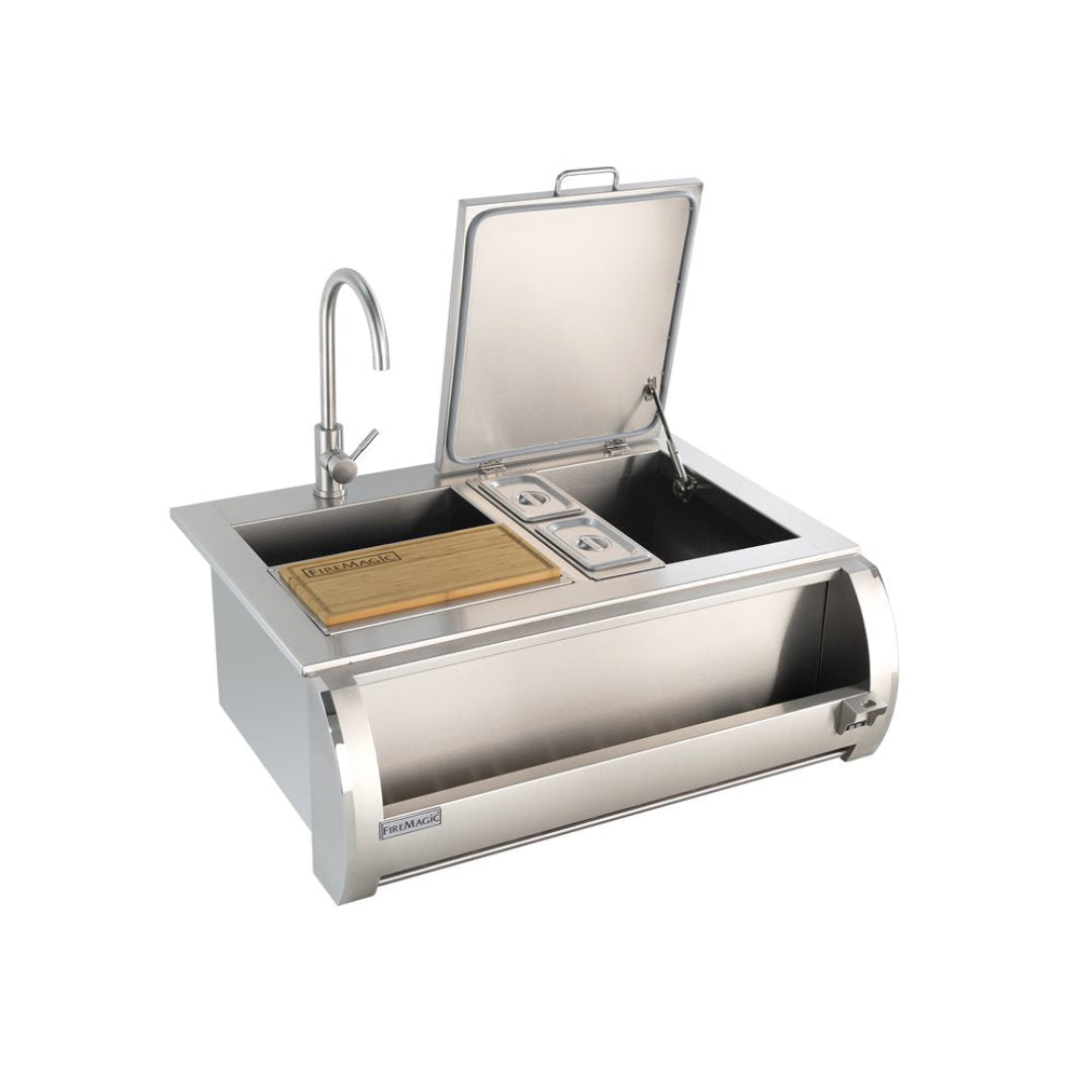 Fire Magic stainless steel drop-in outdoor kitchen prep station sink and ice chest combo with gooseneck faucet, hinged insulated lid, two condiment pans, bamboo cutting board and front access drawer
