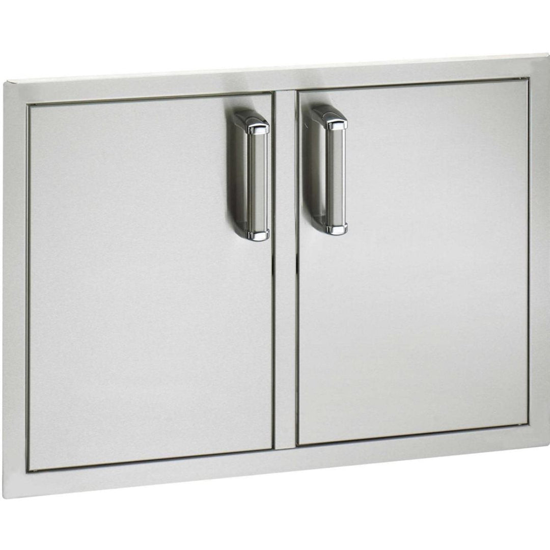 Flush-mount stainless steel double access door with chrome bar handles for built-in outdoor kitchen grill island model 53930SC