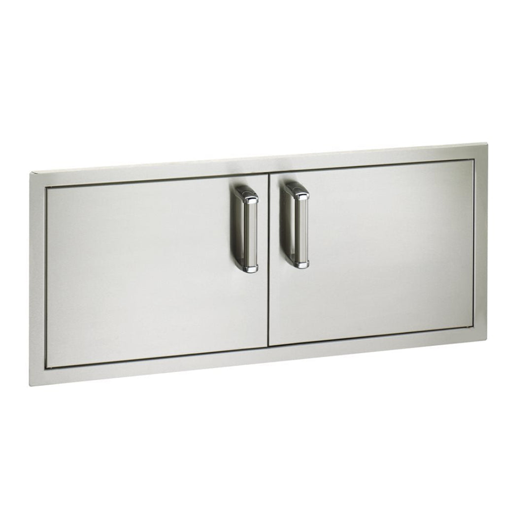 Stainless steel double access door panel for outdoor kitchen or grill island, flush-mount cabinet doors with polished chrome handles