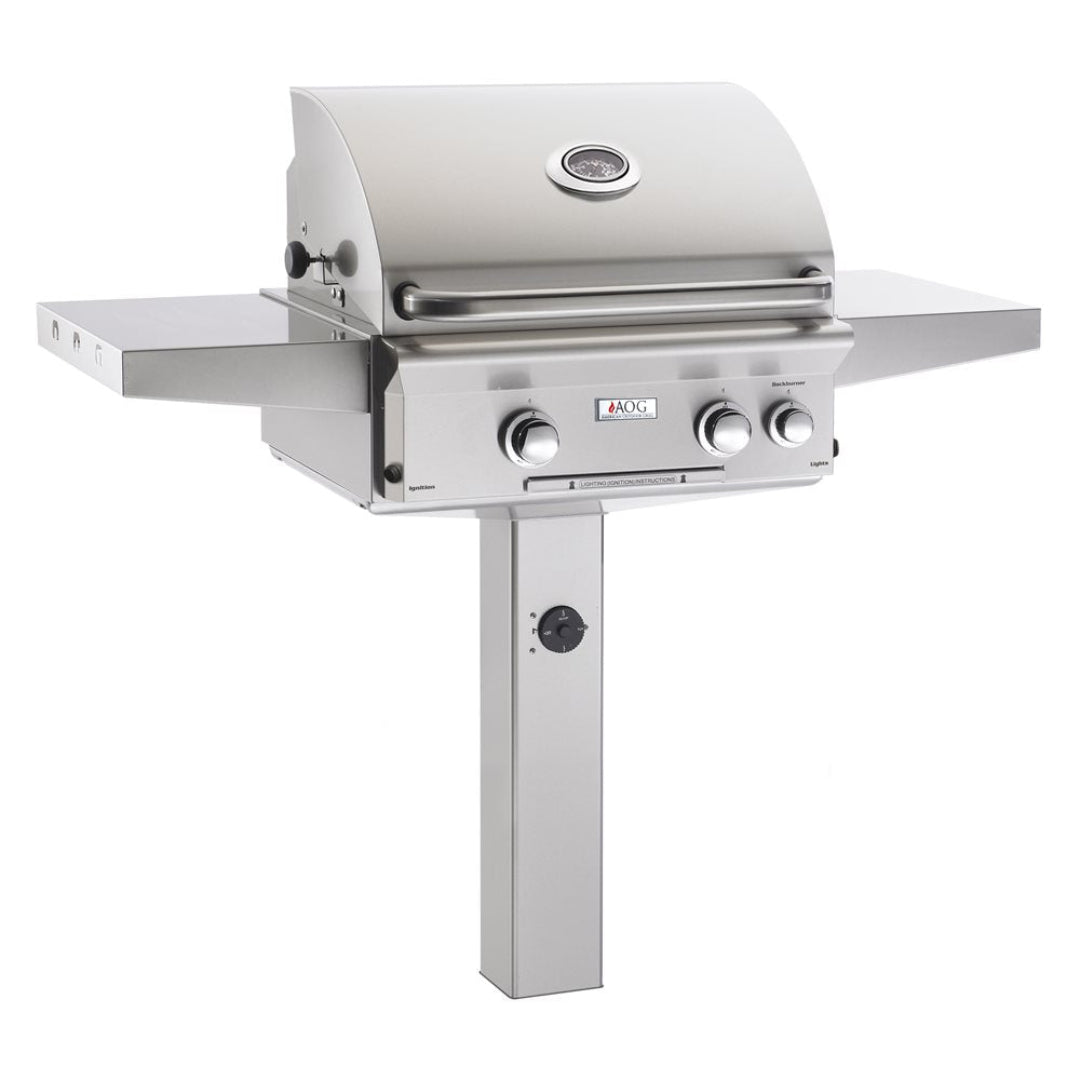 AOG 24-inch stainless steel built-in outdoor kitchen natural gas grill head with 3 burners, pedestal mount, side prep shelves and integrated lid thermometer